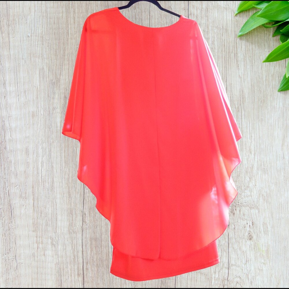 Flowy Coral Mini Dress with Cape Overlay